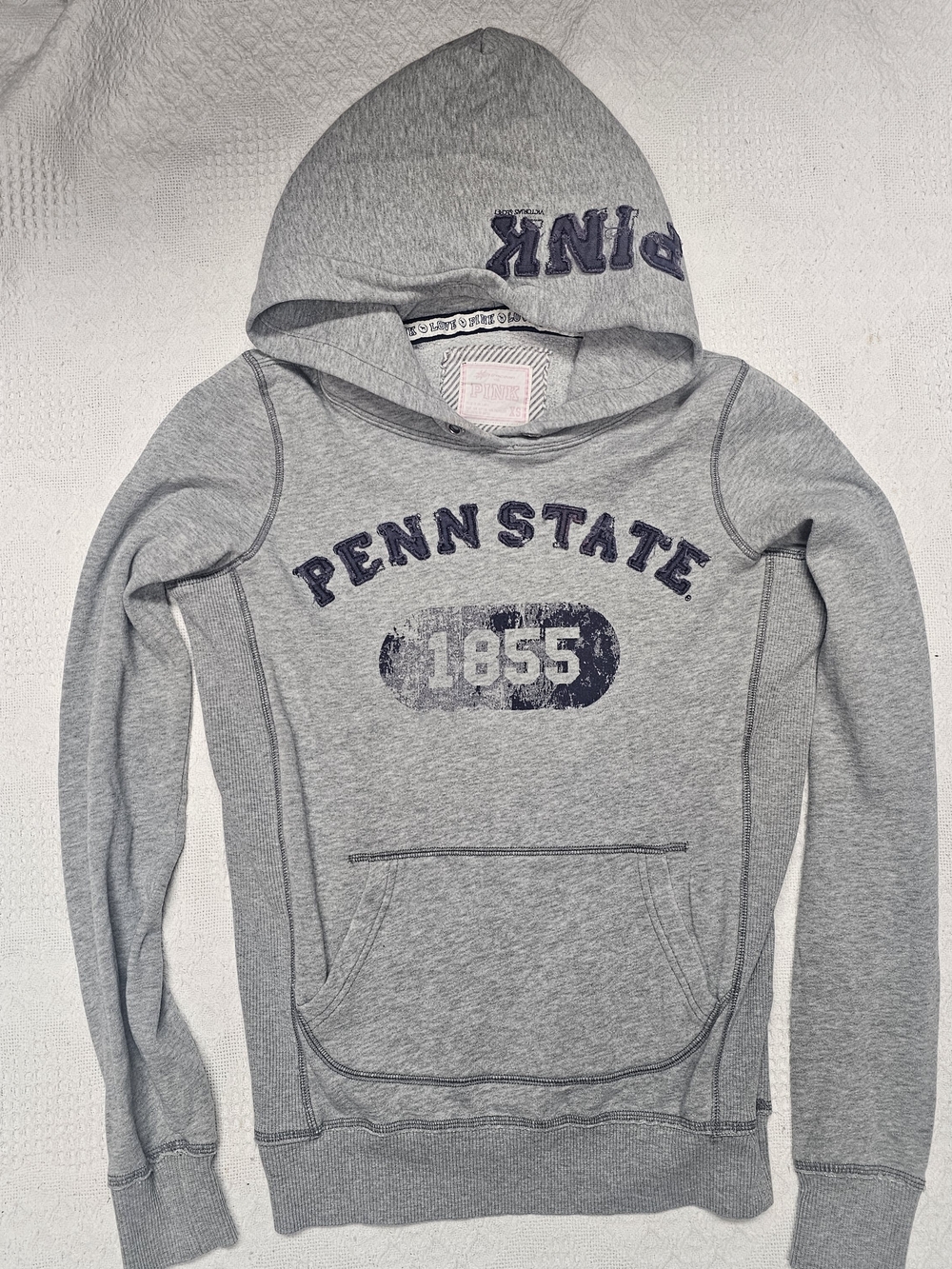 Vintahe Y2kPINK Victoria's Secret Gray Hooded Sweatshirt with Navy Patch Letters